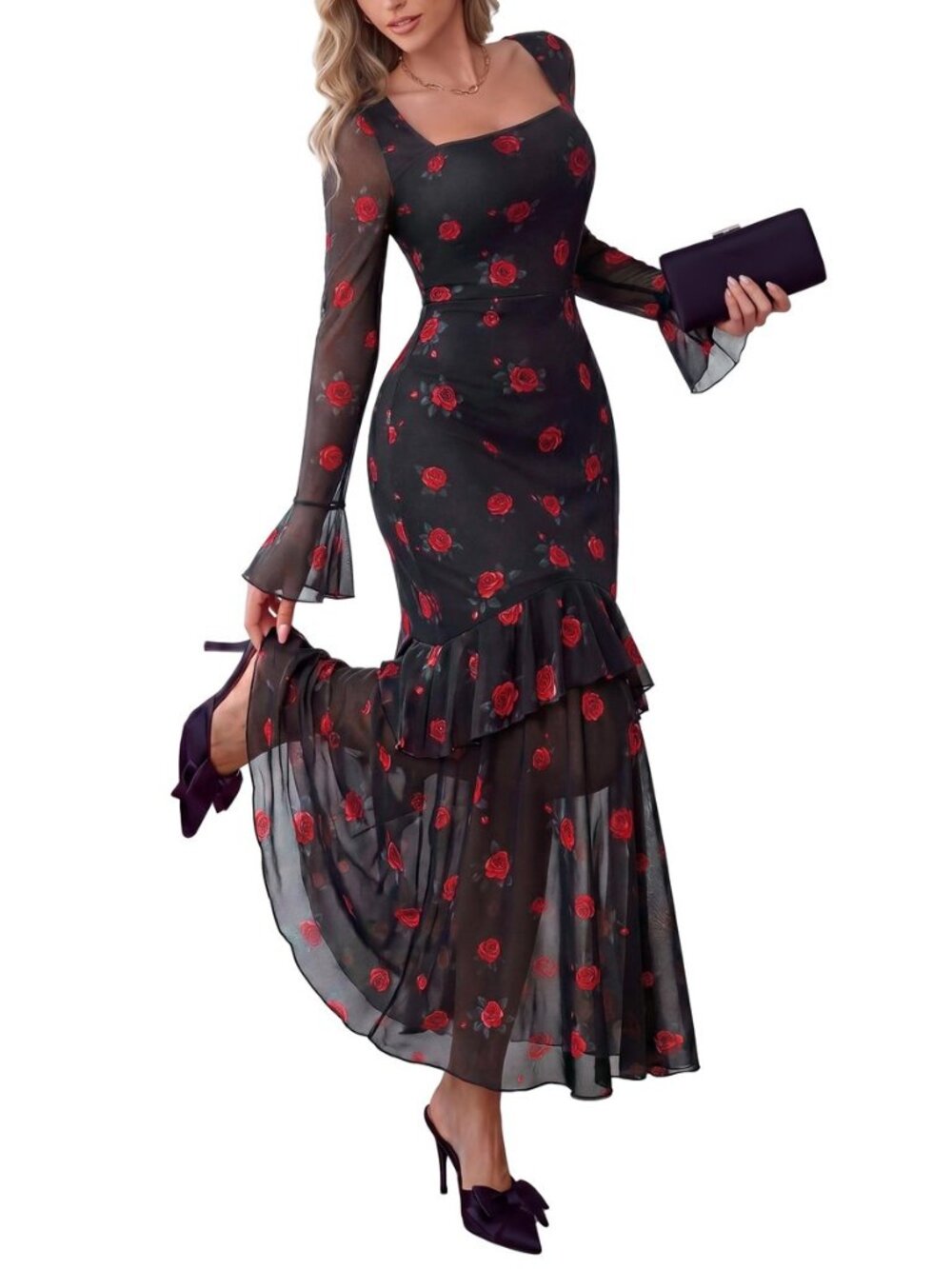 Womens Floral Long Sleeve Dress A Line Mesh Fall Maxi Dresses